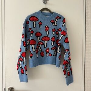 Zara Light Blue Knit Sweater with Red Mushroom Motif